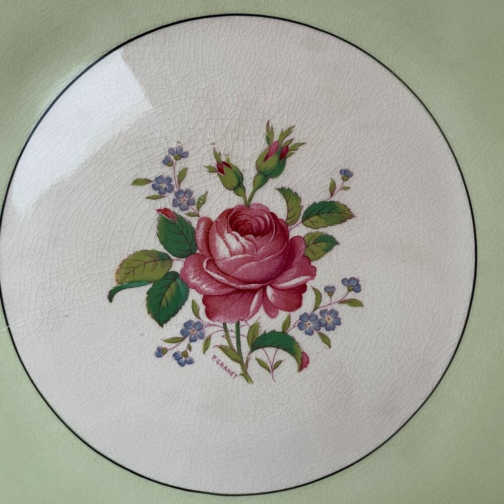 Vintage Myott Staffordshire China 2872 Square Plate - Green with Pink Rose - Picture 2 of 6